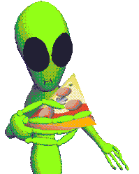 an alien eating pizza